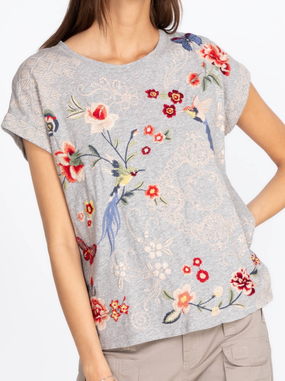 Johnny Was Jailyn Relaxed Tee Bohemian Floral Embroidered- Size Medium